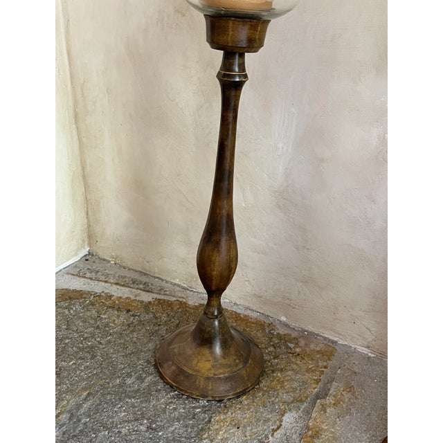 Metal Extremely Tall Wood-Finished Metal and Glass Hurricanes - a Pair For Sale - Image 7 of 11