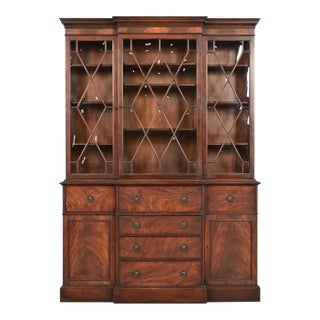 Baker Furniture Georgian Flame Mahogany Bubble Glass Breakfront Bookcase Cabinet With Drop Front Secretary Desk, Circa 1940s For Sale