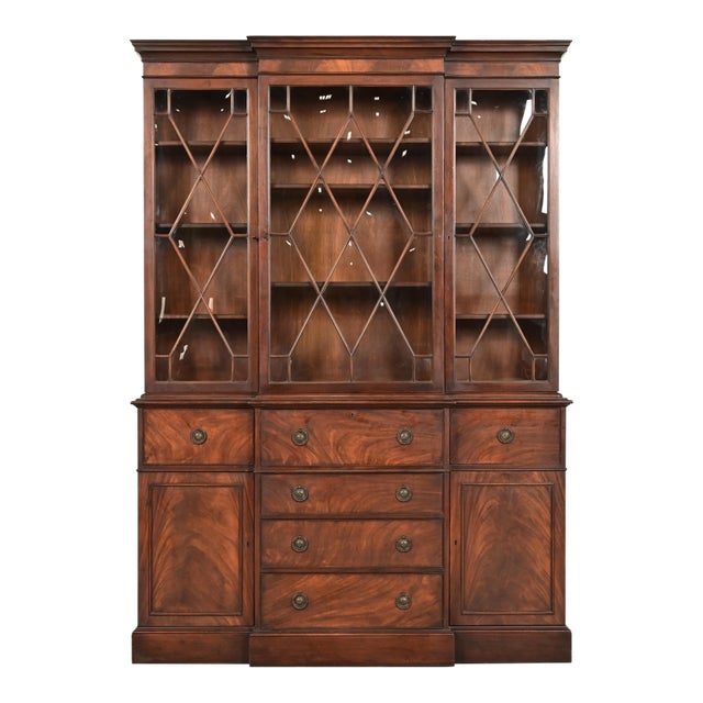 Baker Furniture Georgian Flame Mahogany Bubble Glass Breakfront Bookcase Cabinet With Drop Front Secretary Desk, Circa 1940s For Sale