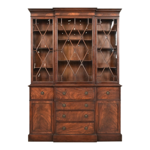 Baker Furniture Georgian Flame Mahogany Bubble Glass Breakfront Bookcase Cabinet With Drop Front Secretary Desk, Circa 1940s