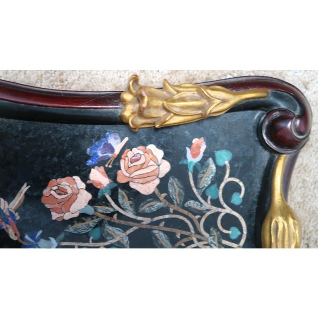 Black Exquisite Pietra Dura (Pietra Dure) Rendition of Flowers, Birds, Butterflies, Framed With Lovely Shaped Wood Frame With Molded Flowers, by N. Luedtke For Sale - Image 8 of 15