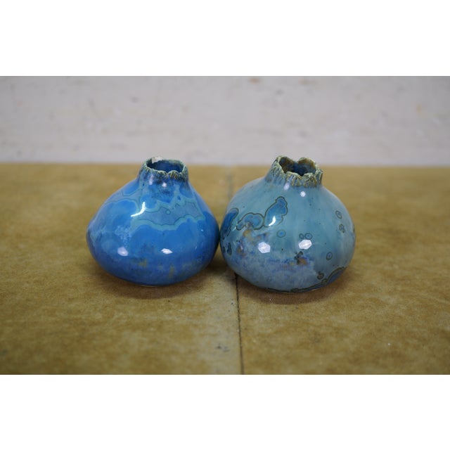 Blue 2 Vintage Blue Glazed Gourd Shaped Pinch Pot Pottery Bud Vases 2" For Sale - Image 8 of 14