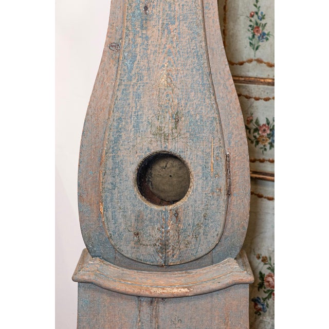 Swedish 1790s Long Case Mora Clock with Blue Gray Paint and Carved Crest For Sale - Image 4 of 12