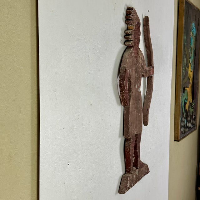 Wood Epic 19th Century Indian Chief Trade Sign, Carved Wood in Painted Salmon Color For Sale - Image 7 of 14
