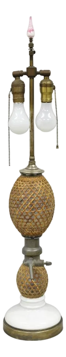 Antique French Victorian Rattan Wrapped Blown Glass Seltzer Bottle Table Lamp