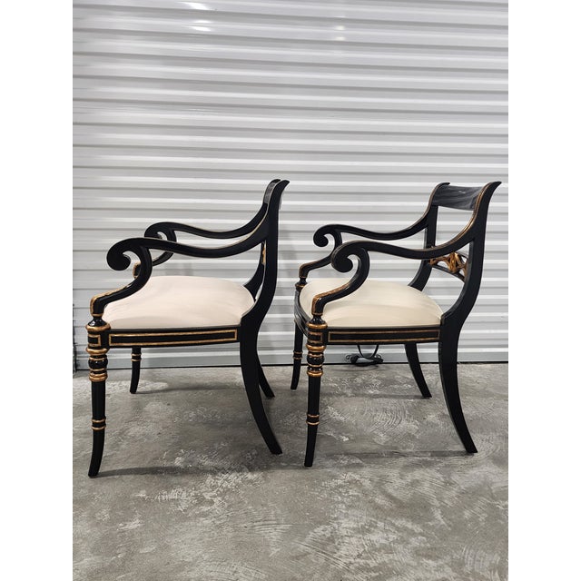 Wood Maitland-Smith Regency Style Ebonized & Gilt Armchairs- A Pair For Sale - Image 7 of 16