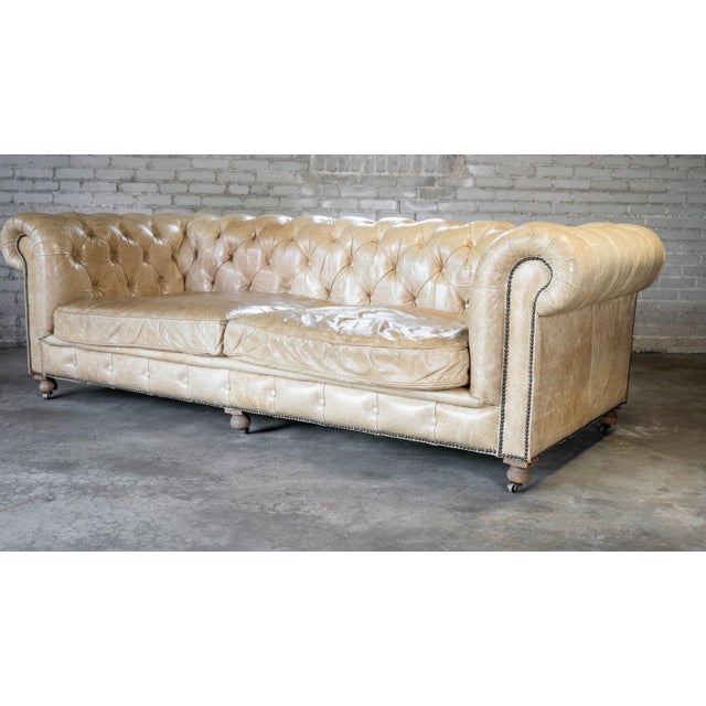 English Restoration Hardware Tan Leather Kensington Luxe Sofa For Sale - Image 3 of 18