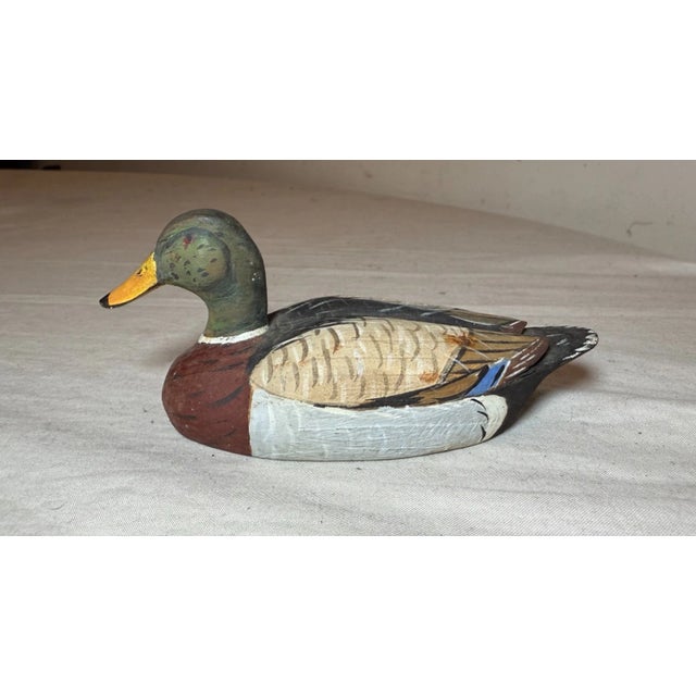 Folk Art Vintage Miniature Hand Carved Wood Folk Art Mallard Drake Duck Decoy Sculpture For Sale - Image 3 of 12