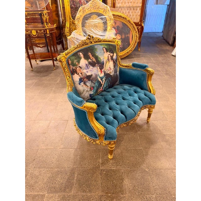 Textile Vintage French Louis XVI Style Tuffed Bergere Victorian Armchair For Sale - Image 7 of 7