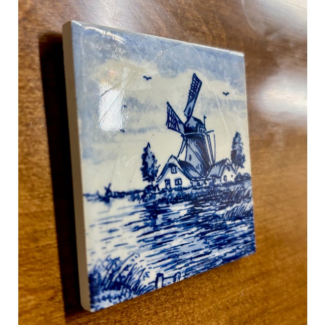 Traditional Vintage Hand Painted Delft Style Ceramic Tile With Dutch Windmill Landscape For Sale - Image 3 of 8