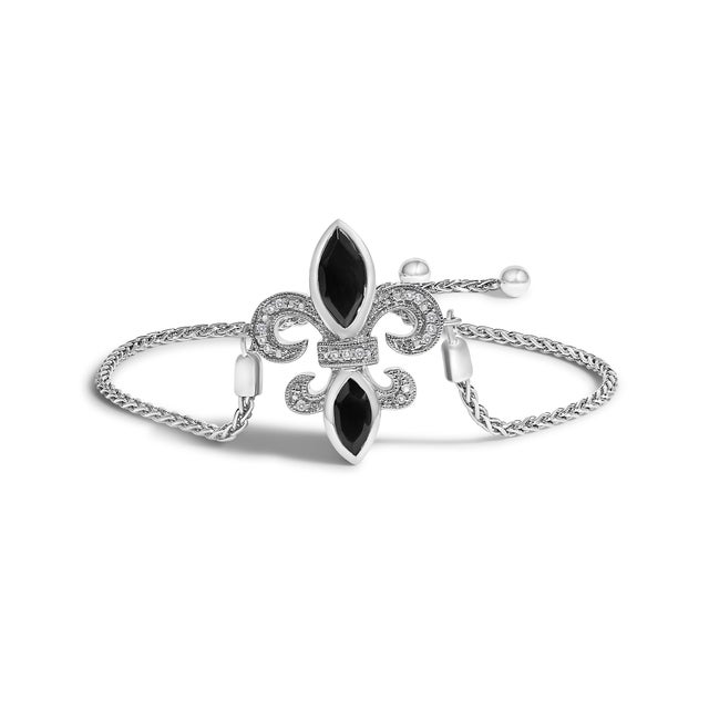 Contemporary .925 Sterling Silver Marquise Black Onyx and Diamond Accent Lariat Fleur De Lis Adjustable Bolo Bracelet (I-J Color, I1-I2 Clarity) For Sale - Image 3 of 5