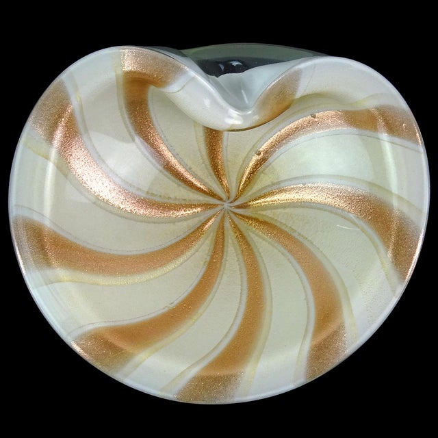 Beautiful vintage Murano hand blown white, gold and aventurine flecks Italian art glass bowl. Documented to designer...