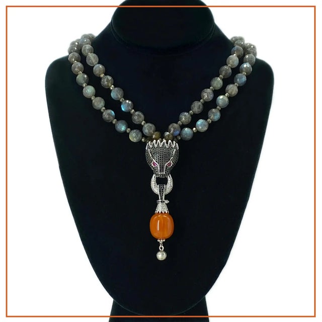 Arts & Crafts Artisan Double Strand Labradorite Necklace With Cz Dragon Pendant For Sale - Image 3 of 5