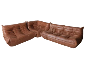 Vintage Brown Leather Sofas by Michel Ducaroy for Ligne Roset, 1970s, Set of 3