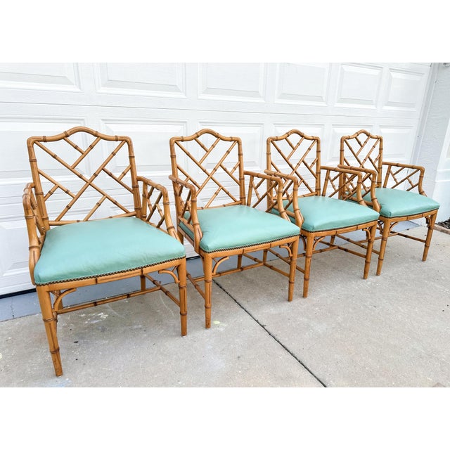 Mid 20th Century Set of Four Vintage Century Faux Bamboo Dining Armchairs in the Chinese Chippendale Style For Sale - Image 5 of 9