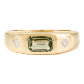 Emerald Cut Green Sapphire & Diamond Three Stone Ring Size 5.5 For Sale