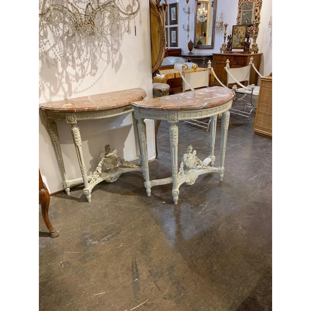 Wood 18th Century French Louis XVI Style Carved and Painted Consoles - A Pair For Sale - Image 7 of 8