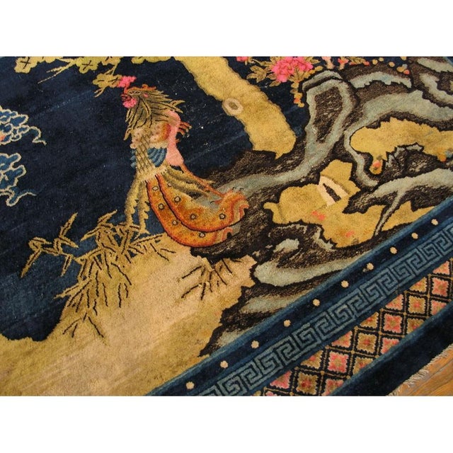 1920s Blue Ivory Coral Antique Chinese Baotou Carpet With Phoenix Pictorial Rug For Sale - Image 4 of 5
