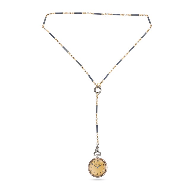 Traditional 1910s Rare Cartier Edwardian Diamond Enamel Pearl 18k Yellow Gold Watch Pendant For Sale - Image 3 of 6