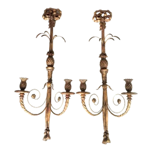 Vintage Extra Large Regency Pineapple Bow Tassel Iron Wall Candle Sconces- a Pair