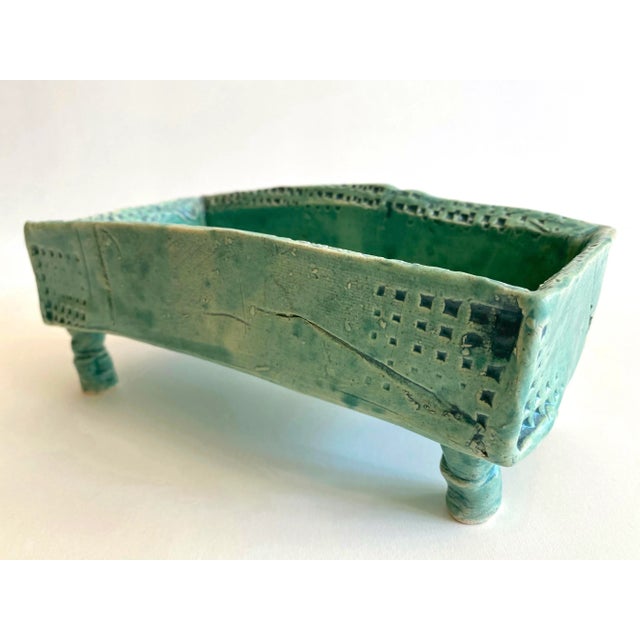 Turquoise Vintage 1980's Organic Modernist Studio Art Pottery Abstract Footed Rectangle Decorative Bowl For Sale - Image 8 of 13