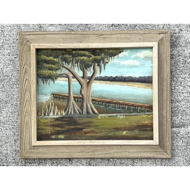 Green Vintage Original Lakeside Oil on Canvas For Sale - Image 8 of 12