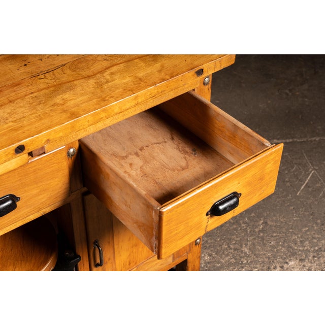 Early 20th Century Walnut Industrial Workbench With Swing-Out Stools For Sale - Image 15 of 18