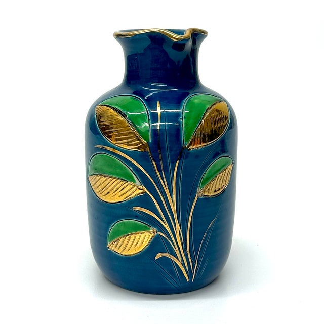 Mid 20th Century Mid 20th Century Stunning Blue Green & Gold Ceramic Pitcher With Leafy Motif by Aldo Bitossi for Rosenthal For Sale - Image 5 of 13