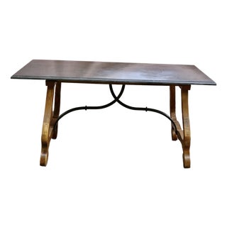 Vintage French Oak and Honed Stone Table Top With Wrought Iron Base For Sale