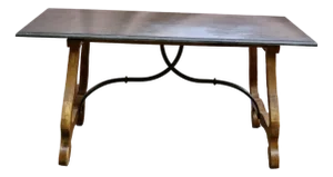 Vintage French Oak and Honed Stone Table Top With Wrought Iron Base