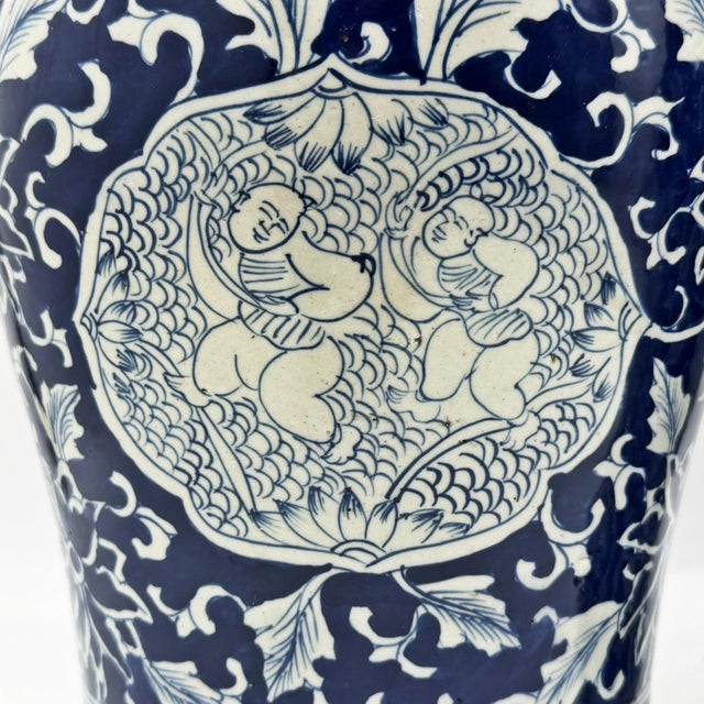 Mid 20th Century Pair of Chinese Style Blue and White Porcelain Temple Ginger Jars For Sale - Image 14 of 18