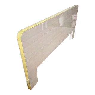 Postmodern Beige Wood Grain Laminate King Size Headboard With Gold Paneling For Sale