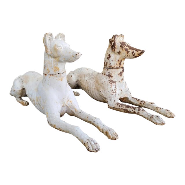 J. W. Fiske Antique Recumbent Cast Iron Greyhounds a Pair For Sale