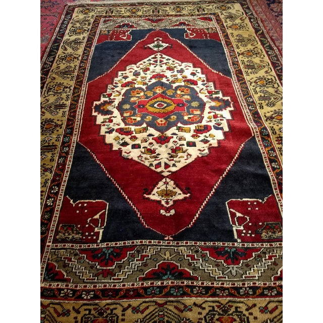 Vintage Turkish Oushak Area Rug, Hand-Knotted Geometric, Navy & Red, 6' x 9' For Sale - Image 15 of 17