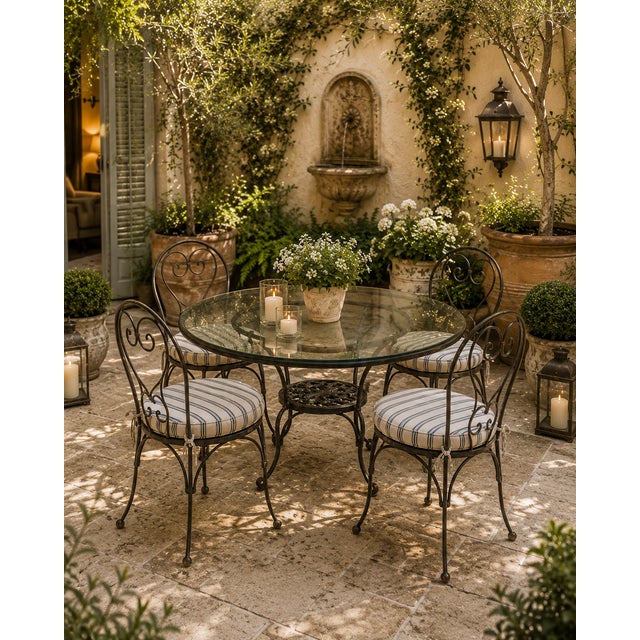 A charming vintage bistro table featuring a generous round glass top supported by an elegant wrought iron frame....