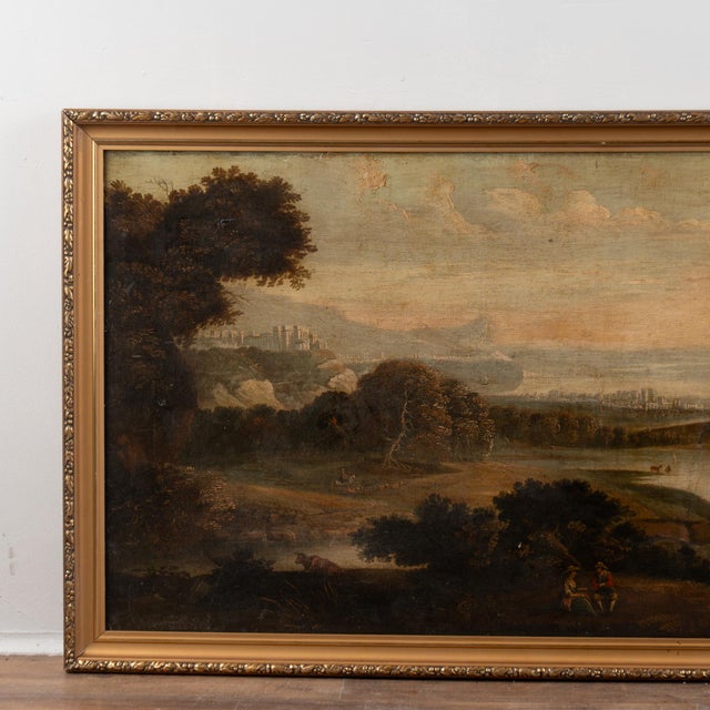 18th-century original oil on canvas landscape painting, likely depicting a Southern European setting, most probably Italy....