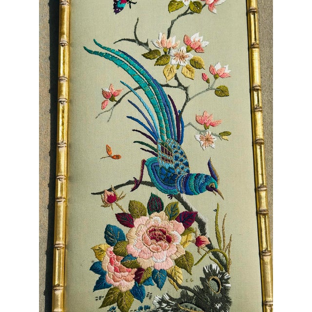 Vintage Chinoiserie Embroidered Silk Panel in Faux Bamboo Frame For Sale - Image 4 of 12