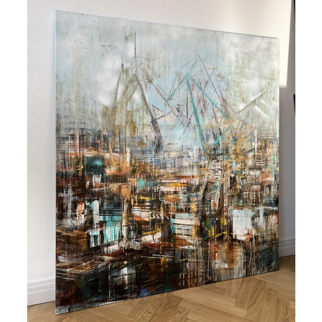 Stocznie (2024) by Bianca Prettau is a large-scale mixed-media painting inspired by the historic shipyards of Gdańsk....