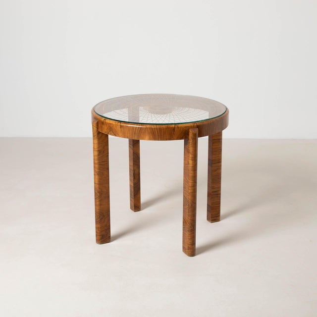 Art deco side table in wallnut, rattan and glass, Poland, circa 1940s Original condition, lightly refinished.