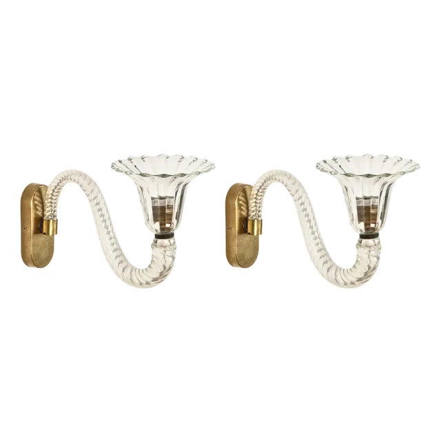 Large Murano Glass and Brass Flower Sconces from Barovier, Italy, 1950s, Set of 2 For Sale