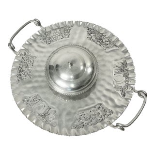 1950s Vintage Boho Chic Arts & Crafts Hand Wrought Etched Aluminum Round Serving Tray For Sale