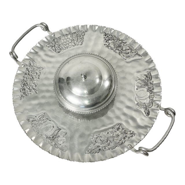 1950s Vintage Boho Chic Arts & Crafts Hand Wrought Etched Aluminum Round Serving Tray For Sale