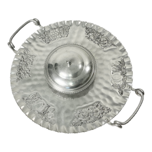 1950s Vintage Boho Chic Arts & Crafts Hand Wrought Etched Aluminum Round Serving Tray.