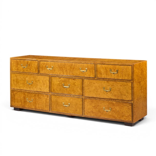 Mid-Century Modern John Widdicomb Campaign Mid Century Burlwood and Brass Lowboy Dresser For Sale - Image 3 of 10