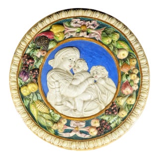 Large Vintage Round Italian Pottery Madonna and Child Plaque For Sale