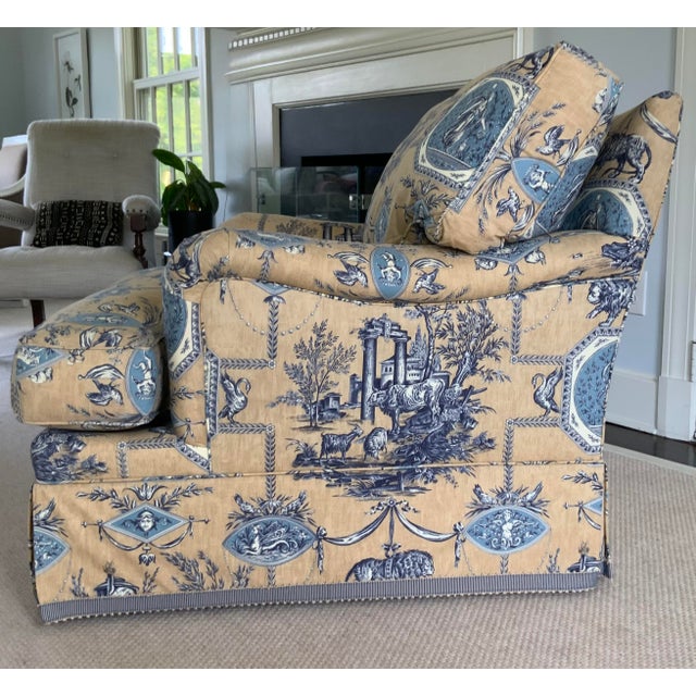 English Custom Pierre Frey Braquenié Beige & Blue Toile Club Chair With Manuel Canovas Trim For Sale - Image 3 of 11