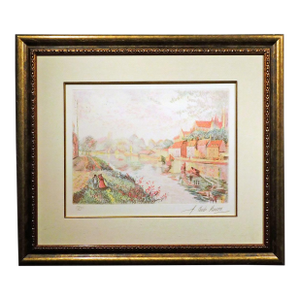 Pissarro, Claude "Auxerre Cathedral River Banks"H.Signed Artwork Custom Framed