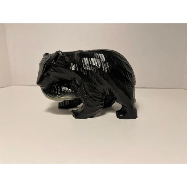 Vintage Ainu S. Takahashi Hand Carved Bear & Salmon Wooden Sculpture, Made in Japan For Sale - Image 9 of 9