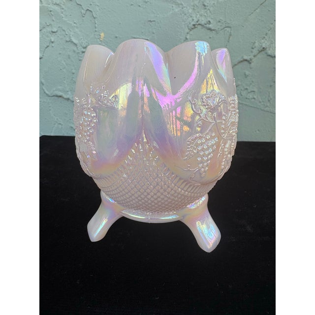 Glass Vintage Fenton Pink Opalescent Carnival Glass Three-Footed Grape & Vine Rose Bowl For Sale - Image 7 of 11