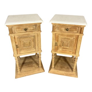 Antique French Bedside Tables in Oak with Marble Top, Set of 2 For Sale